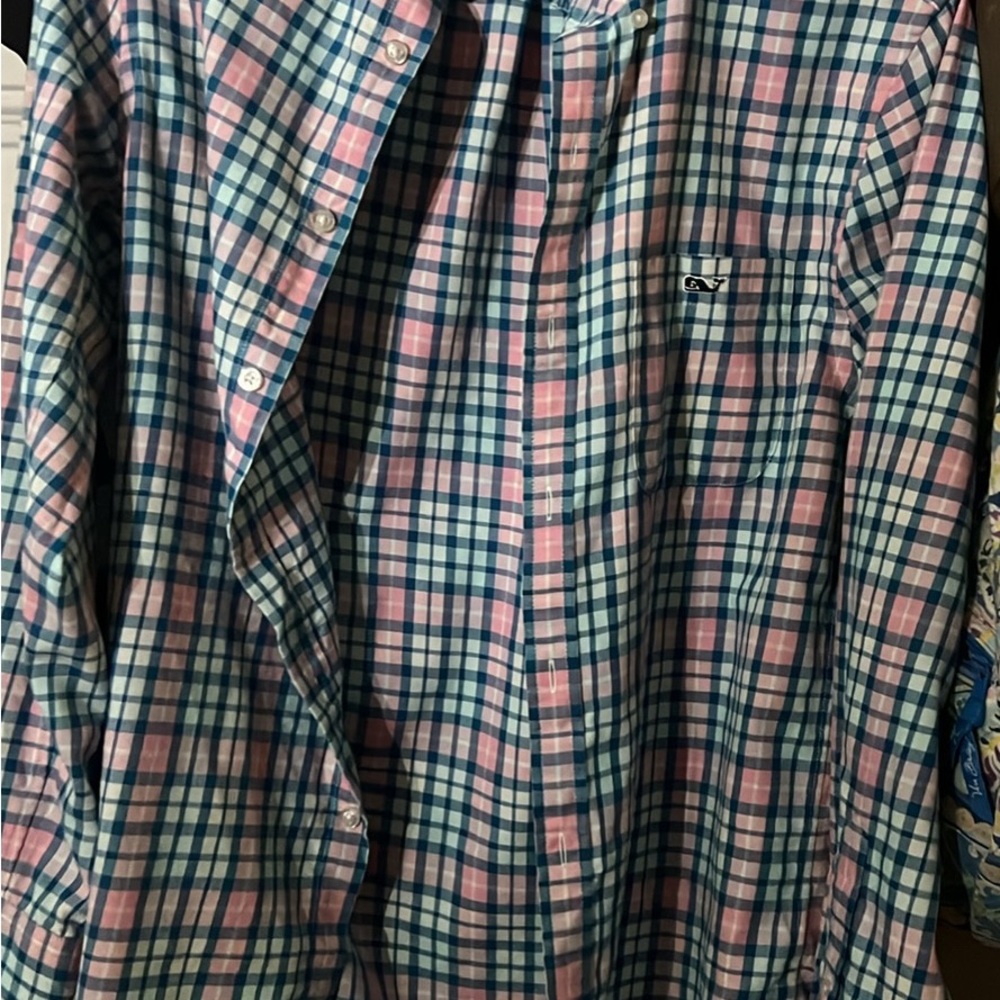 Vineyard Vines Men's Casual Blue and Pink Check Shirt